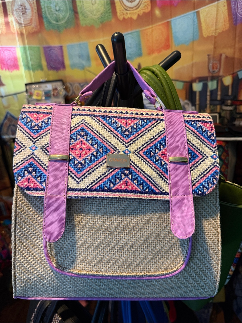 Embroidered Canvas Satchel with Lavender Trim